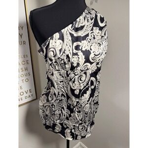 Cache Black White Baroque Paisley One Shoulder Silk Empire Waist Flutter Sleeve